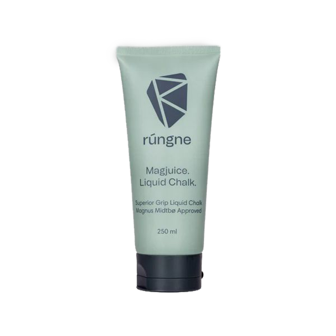Rúngne Magjuice Liquid Chalk (250 ml) is a premium liquid chalk formulated to enhance grip and performance for climbers, weightlifters, and gymnasts. Developed by Magnus Midtbø, it offers a quick-drying solution that ensures hands remain dry and secure during intense activities