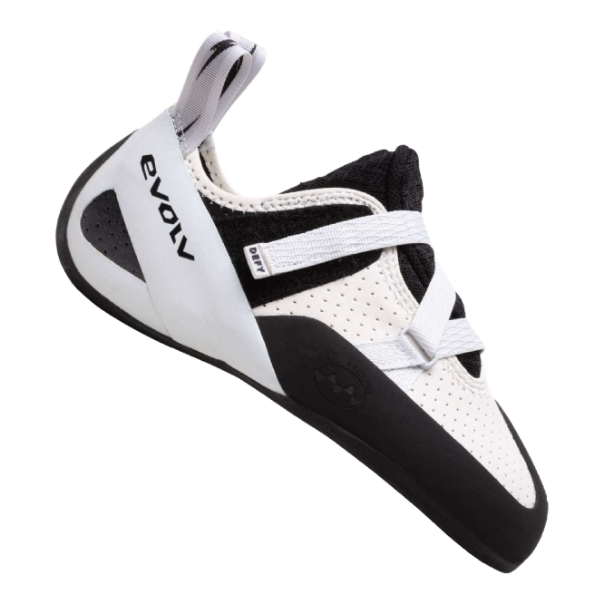 Evolv Defy LV - advanced entry-level climbing shoe with a slightly asymmetric toe and low-volumn fit, featuring a single Velcro strap for a secure and comfortable fit
