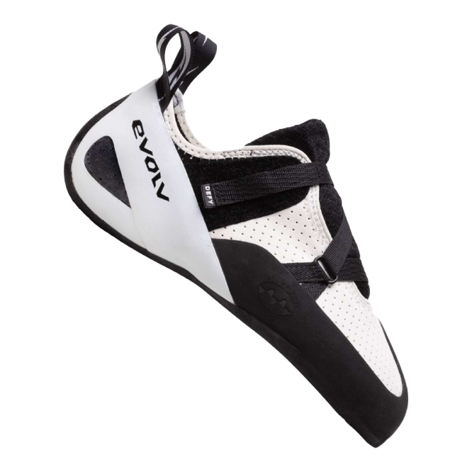 Evolv Defy - beginner-friendly climbing shoes featuring a comfortable, neutral fit with Velcro closures, ideal for indoor and outdoor climbing.
